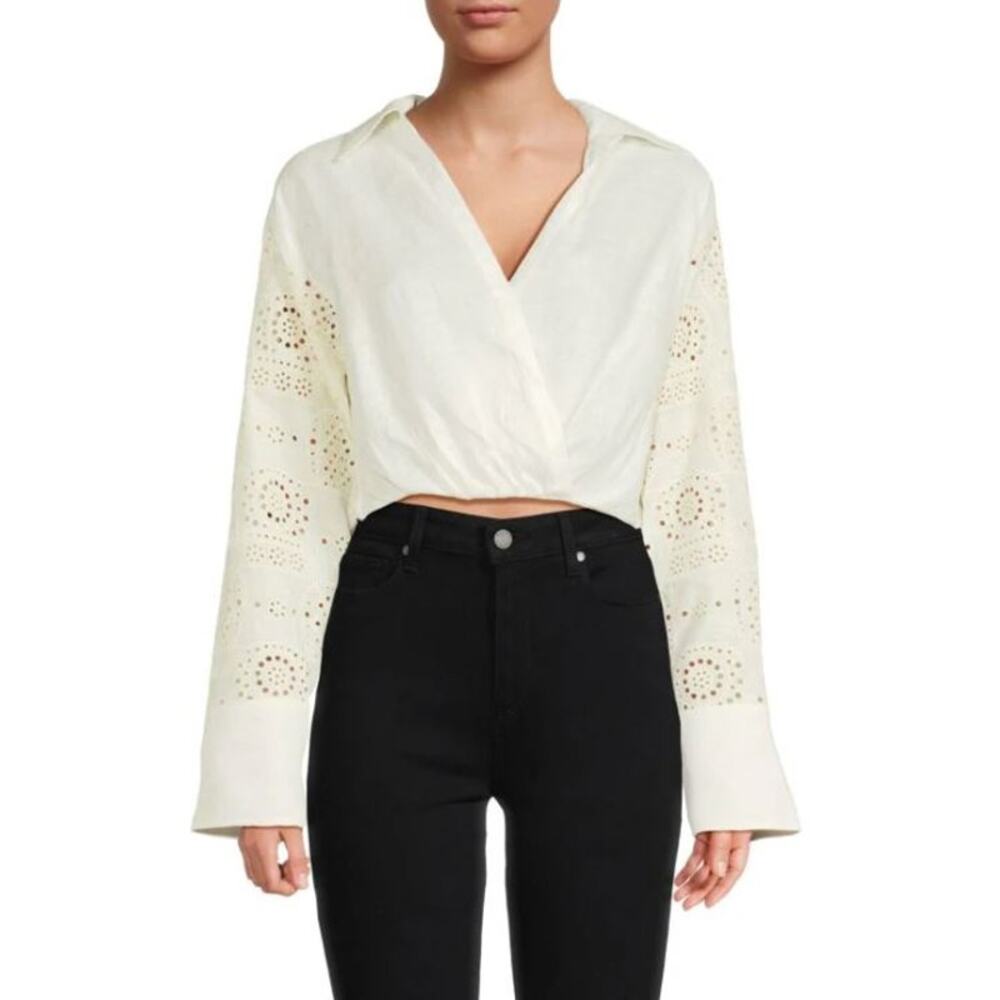 ALC Mason Collared Eyelet Embroidered Linen Wrap Crop Top White Womens Size 00